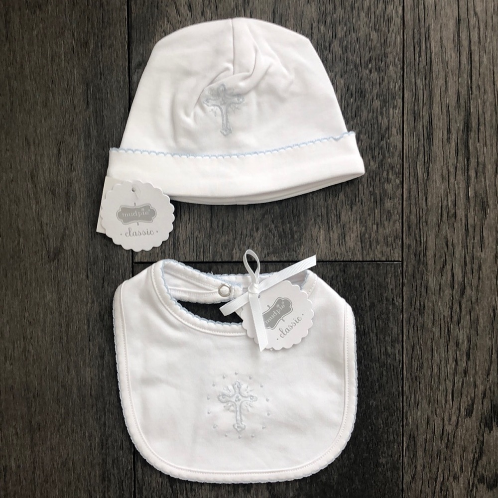 Mud Pie French Knot Cross baby Bib and hat - Picture 1 of 8